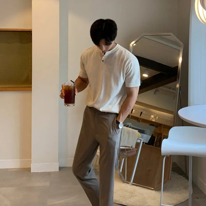 Men's black ice silk knitted pullover shirt with short sleeves and slim-fit design