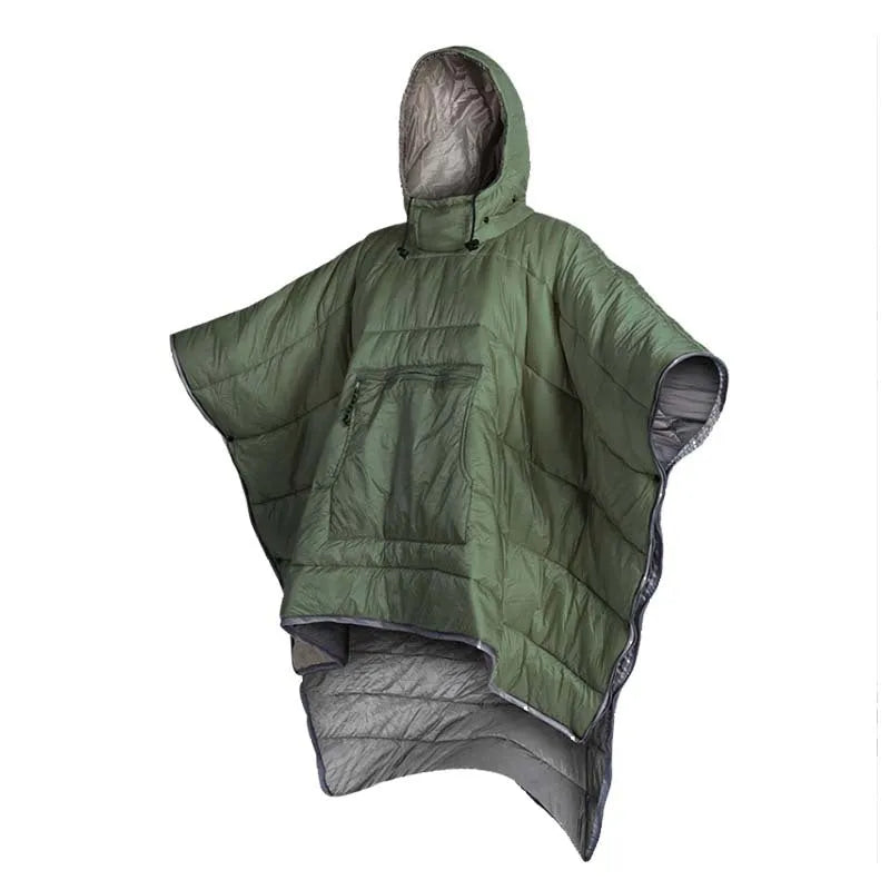 Army green outdoor cloak sleeping bag convertible to wearable blanket for camping