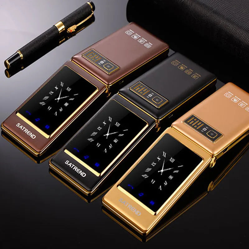 Dual screen flip phone showing internal touch screen and external display in black colour