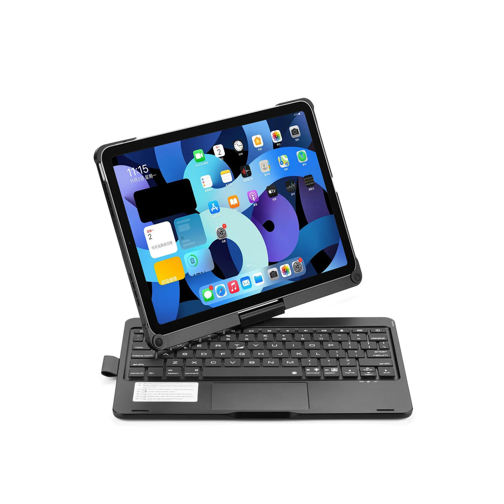 Rotating Bluetooth keyboard with touch backlight showing black, rose gold, and silver colour options