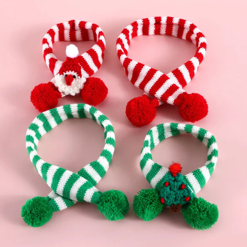 Knitted wool pet Christmas scarf with red and green stripes, S size 40cm length