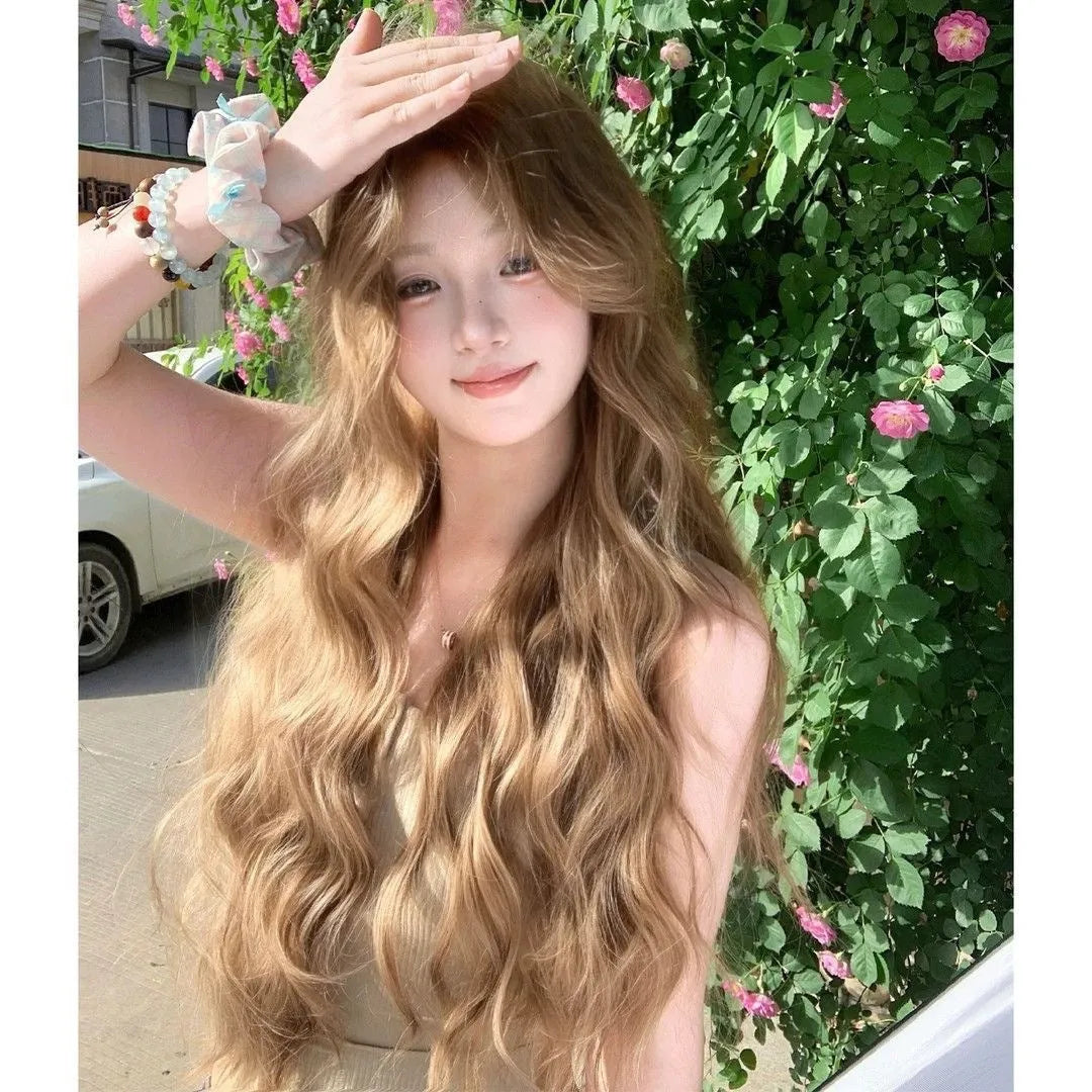 Brown linen long curly medium length wig with hair net on display