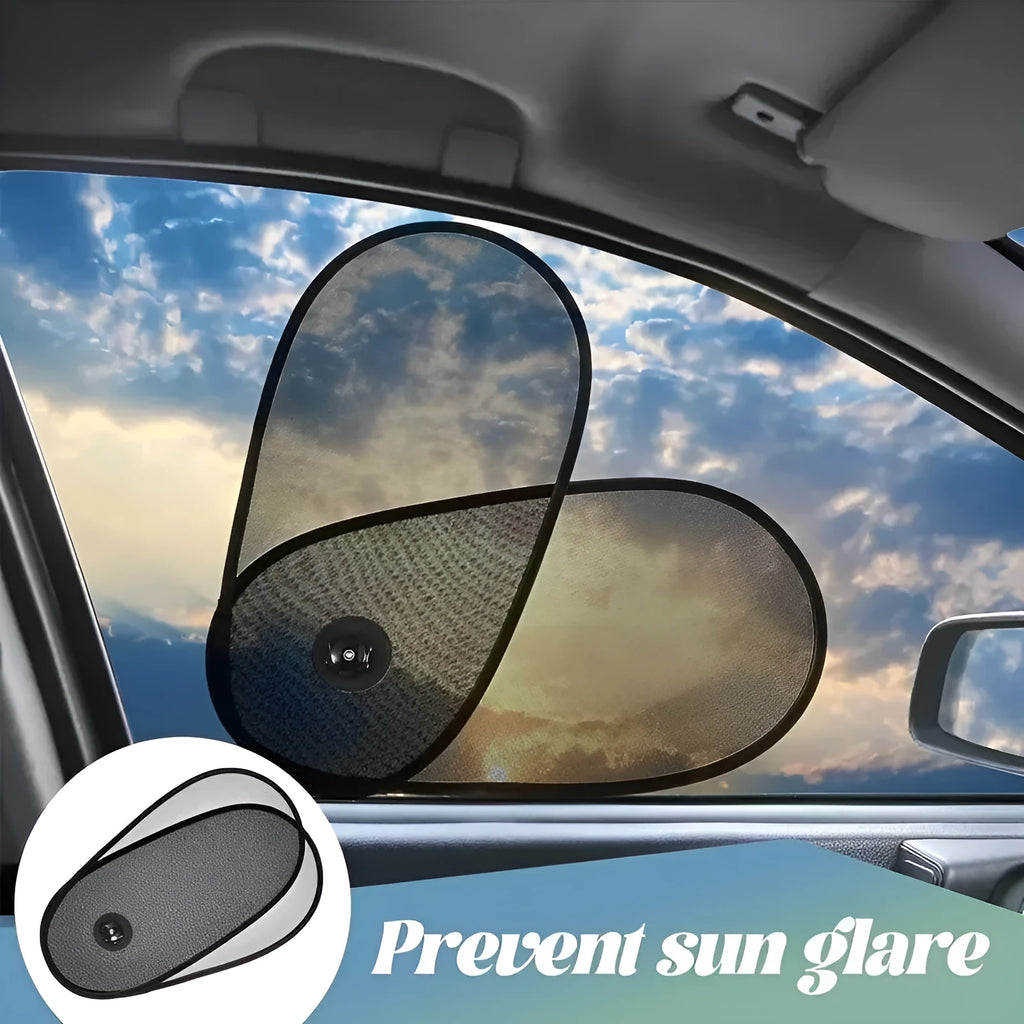 Black breathable car window shade with suction cups stretched across a car side window