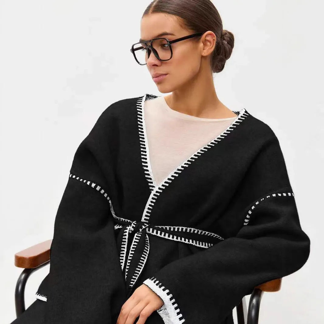 Loose lace-up front knitted cardigan in black, camel, or white colours