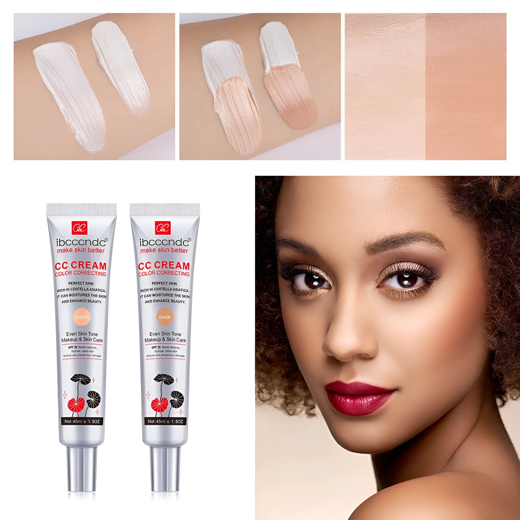 Erborian Centella Asiatica CC cream tube in light and dark shade options for colour-correcting makeup