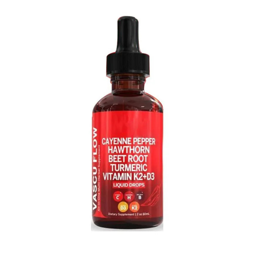 60ml bottle of Vitamin D3 and K2 liquid supplement drops with hawthorn fruit extract and a dropper.