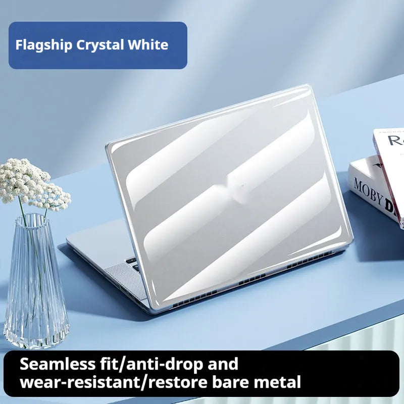 Transparent MacBook protective shell case showing compatibility with multiple Air and Pro models