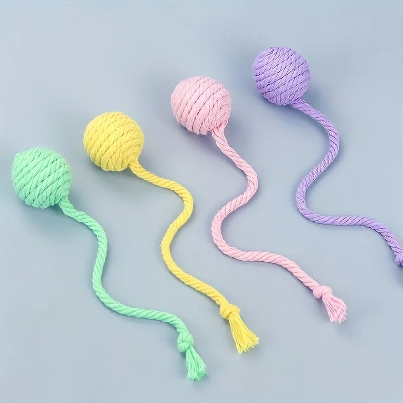 Colourful cat toy ball with rope handle and internal bell in small and medium sizes