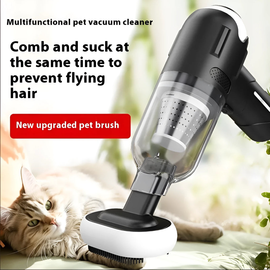 Handheld wireless pet vacuum cleaner with attachments for removing cat and dog hair.