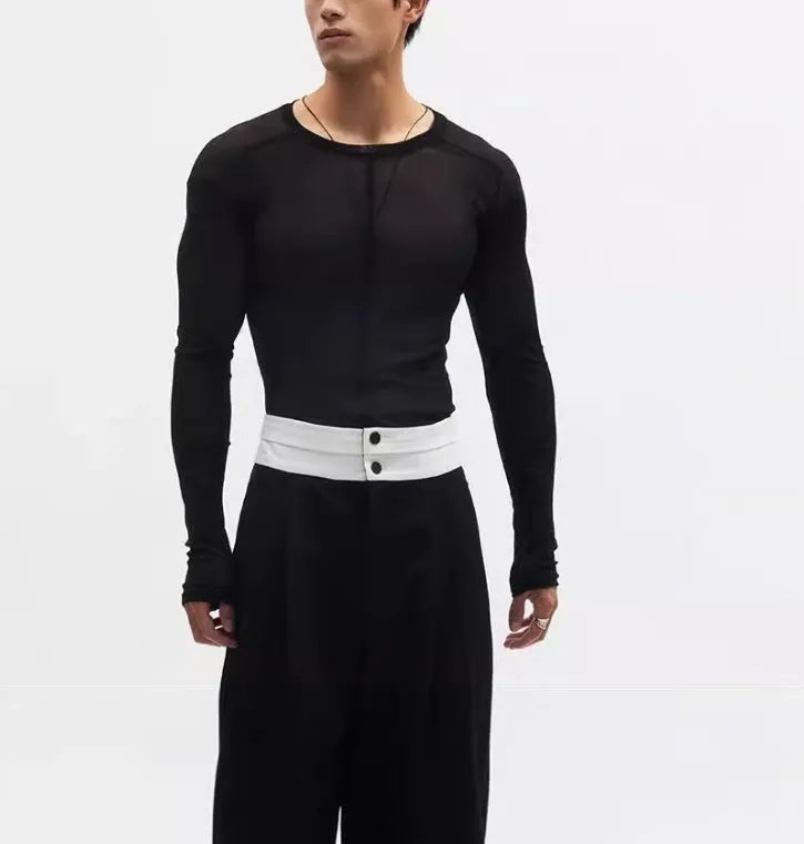 Ultra-thin mesh see-through texture slim-fit pullover in black or grey
