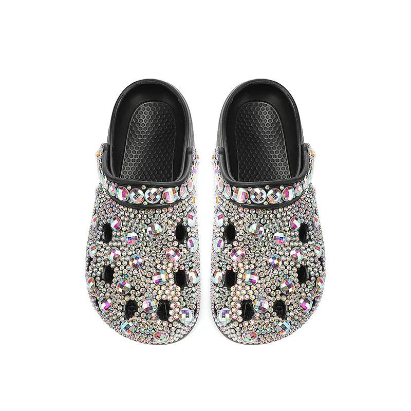 Black platform sandals for women with rhinestone detail on EVA upper and sole.