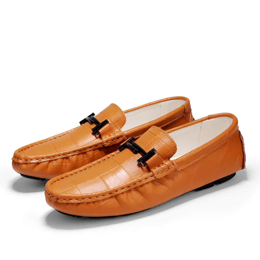 Men's casual leather shoes in large sizes with a buckle detail, low-cut design, and flat rubber sole.
