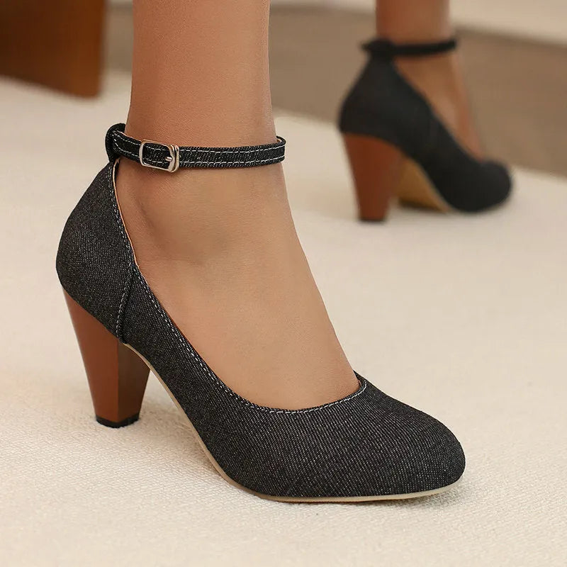 Blue denim women's high heel shoes with a buckle strap and waterproof platform sole.