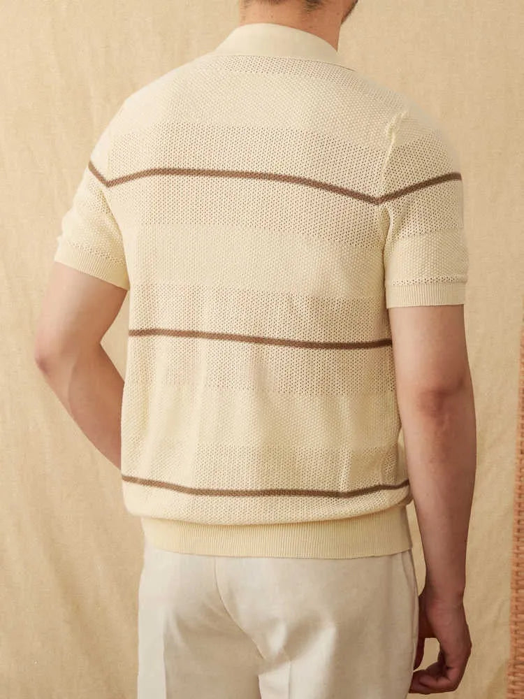 Men's camel coloured lapel collar short sleeve cardigan made from linen and cotton blend fabric