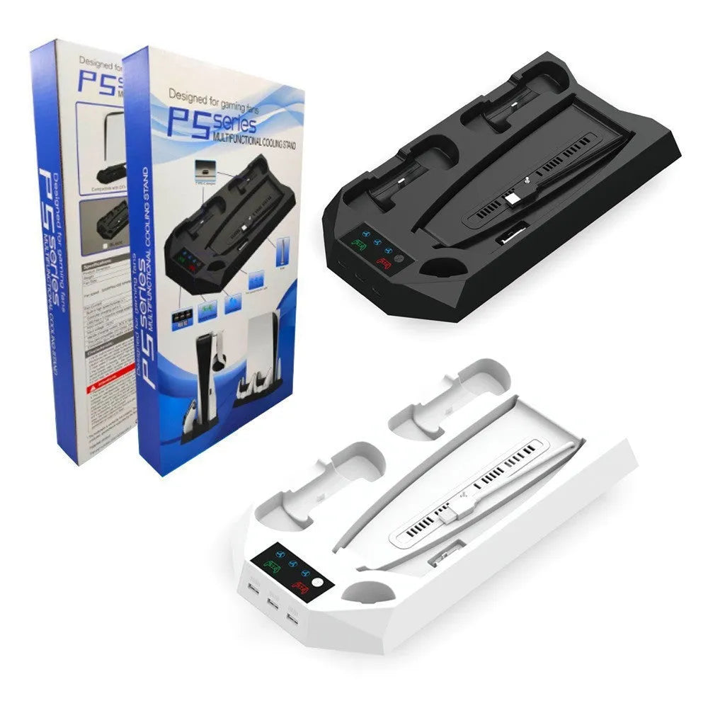 White PS5 charging base radiator with integrated headset hook and direct plug design