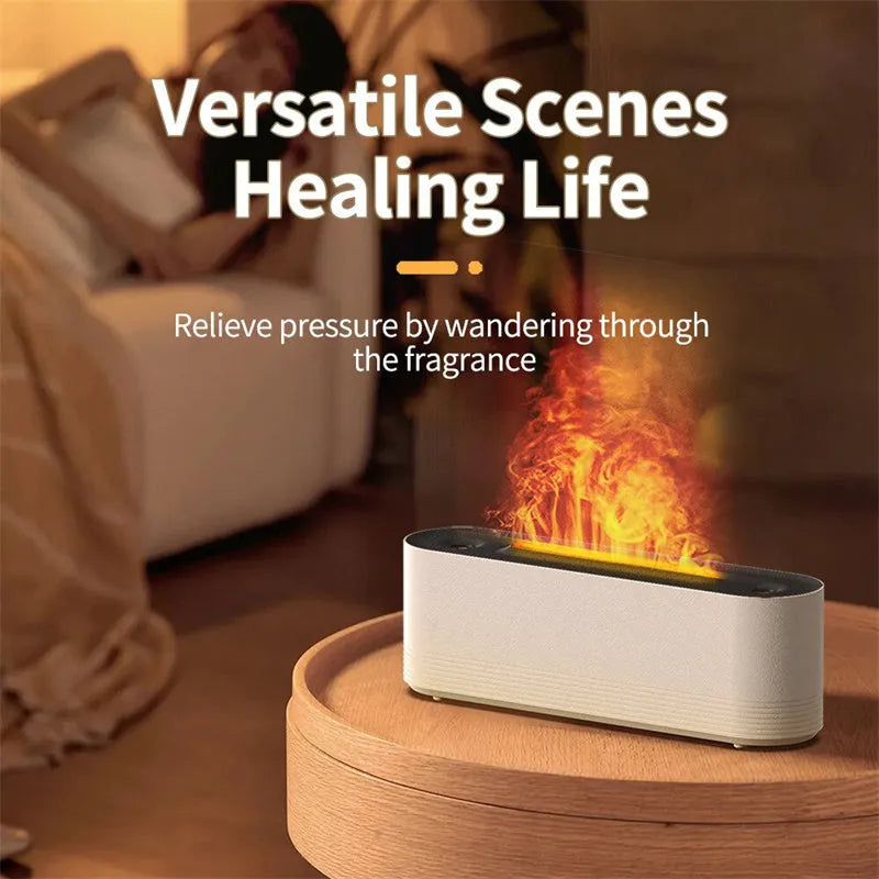 Black Flame Air ultrasonic humidifier diffuser emitting cool mist with a multi-colour LED flame light effect at its base.