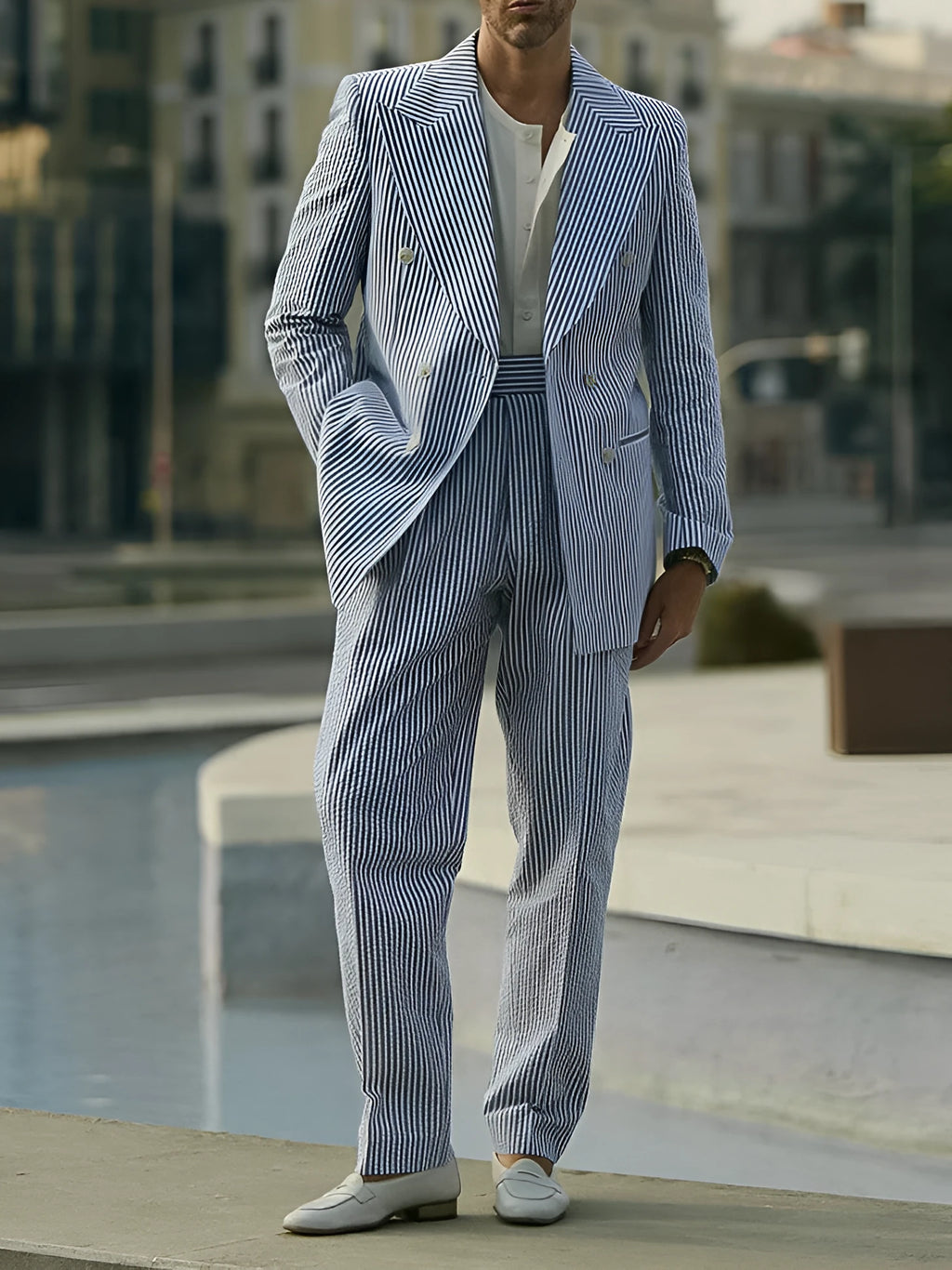 Blue and white striped polyester suit set with blazer and trousers