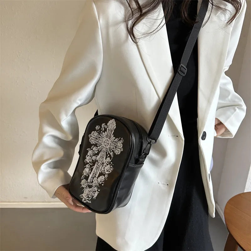 Halloween graffiti print crossbody bag with pumpkin ghost bat cartoons in medium size