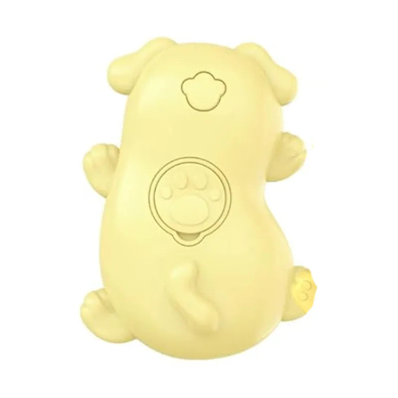 Cat and dog shaped steamy grooming brush with a medium-sized handle on a white background.
