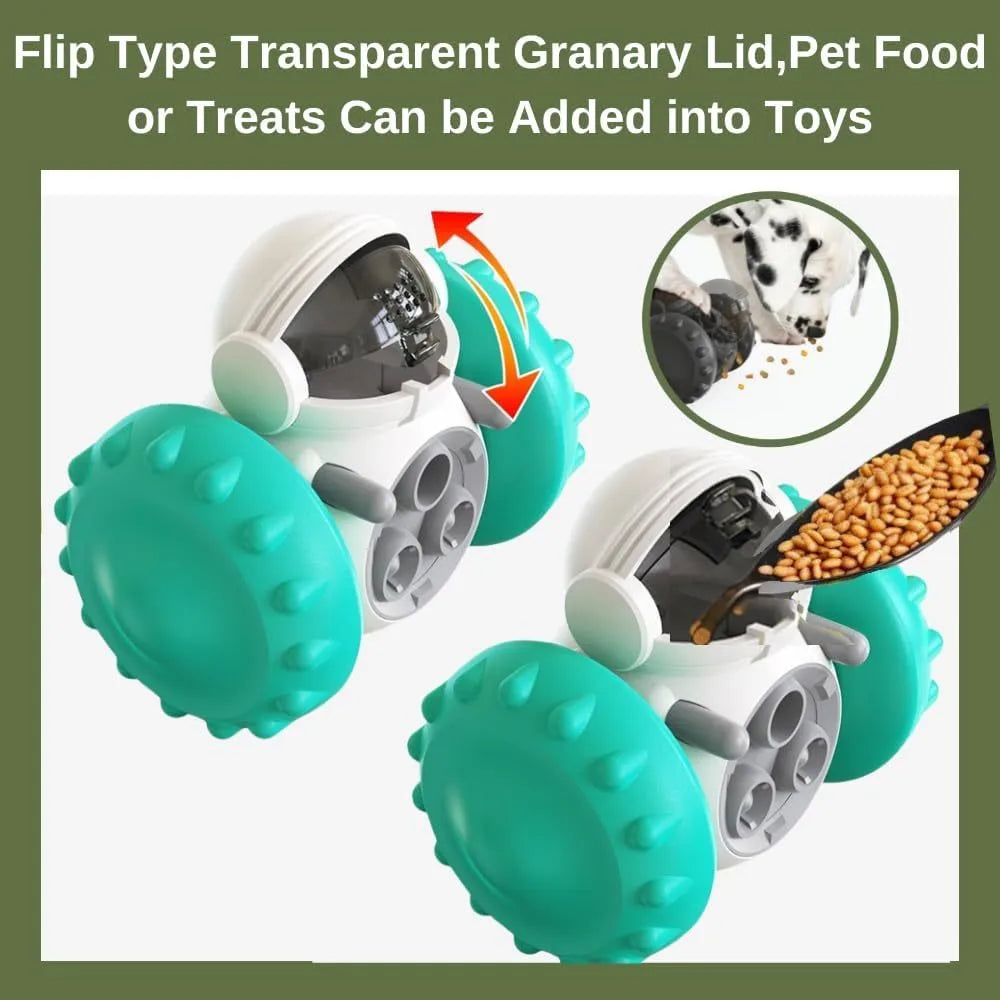 Robot-shaped treat dispenser tumbler toy for small dogs and cats in assorted colours.