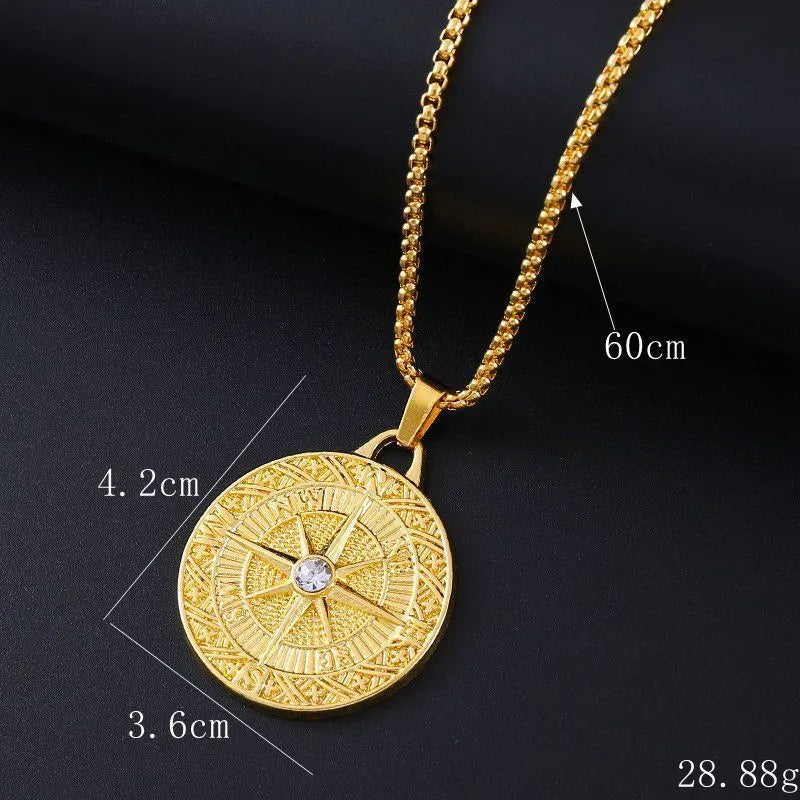 Geometric gold-tone women's necklace with inlaid zircon stones on a model.