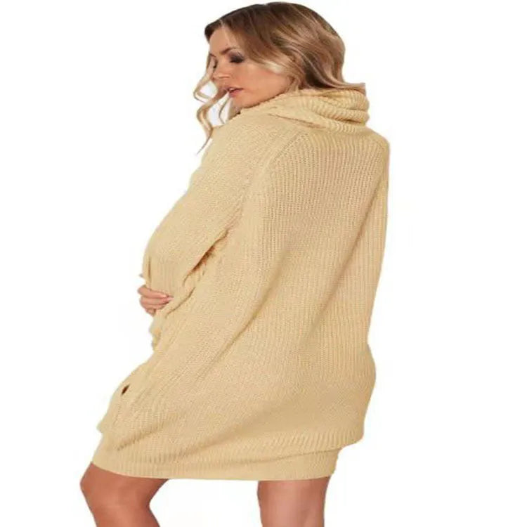 Women's apricot lapel collar acrylic fibre mid-length sweater with side pockets on hanger