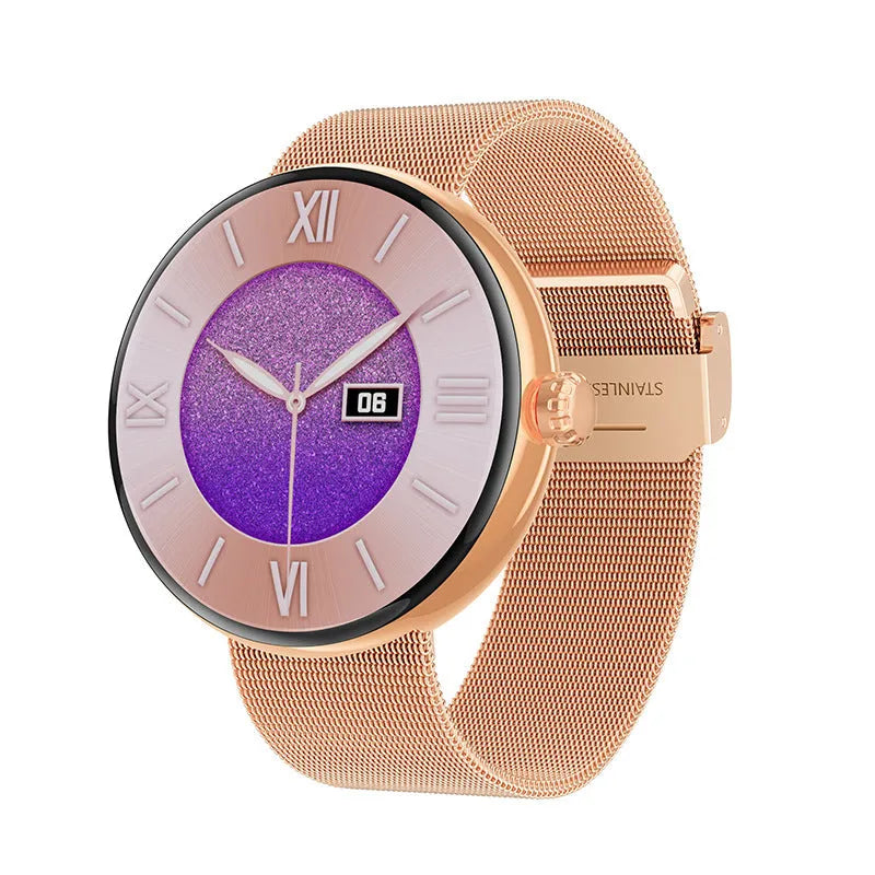 Women's smart watch with circular aluminium alloy case and metal strap showing colour touch screen