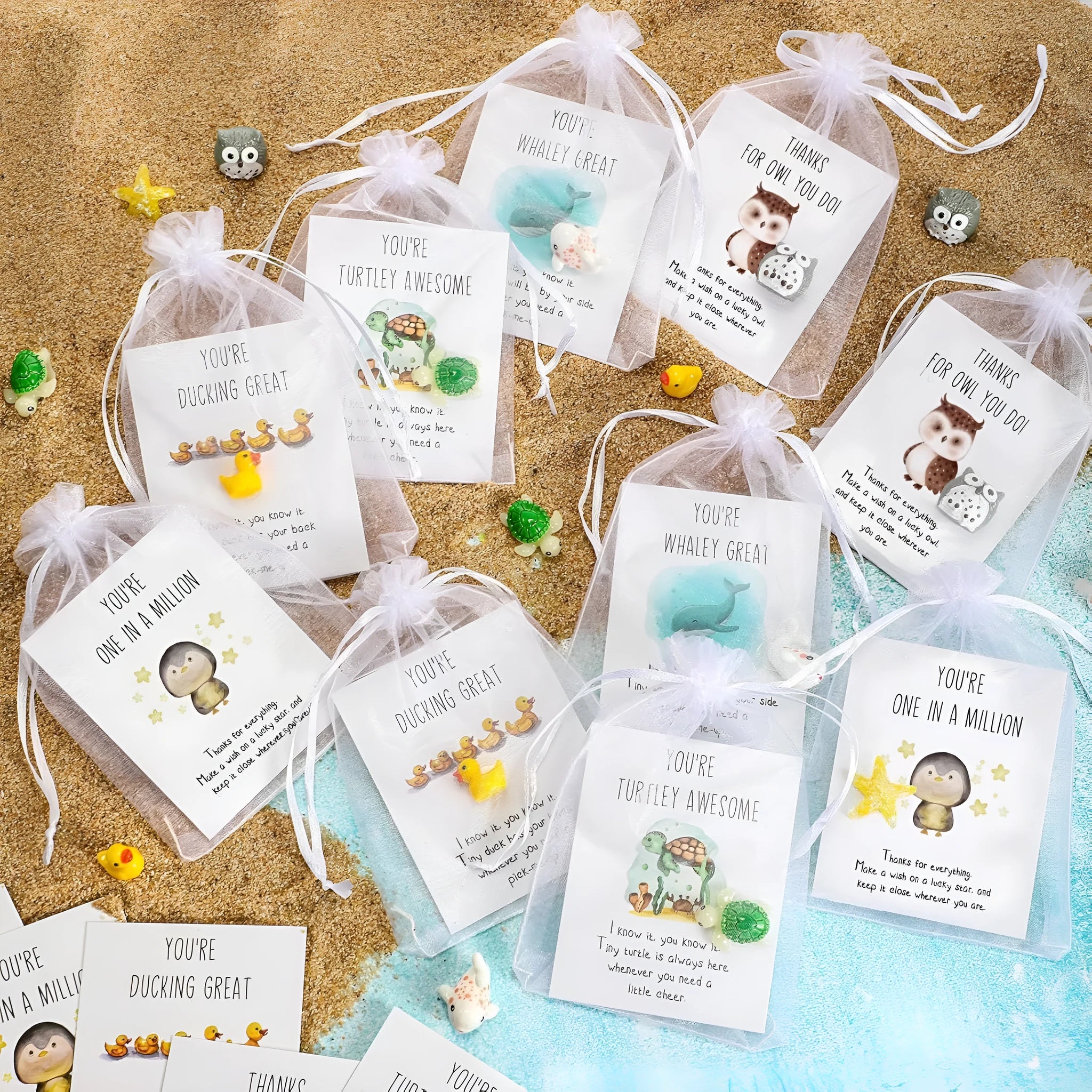 Set of resin pun inspiration greeting cards showing various designs for office gifts and pocket tokens