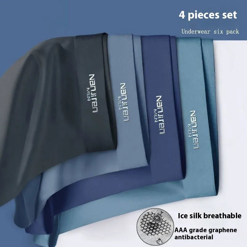Men's ice silk graphene antibacterial boyshorts on white background showing four pairs in different colours