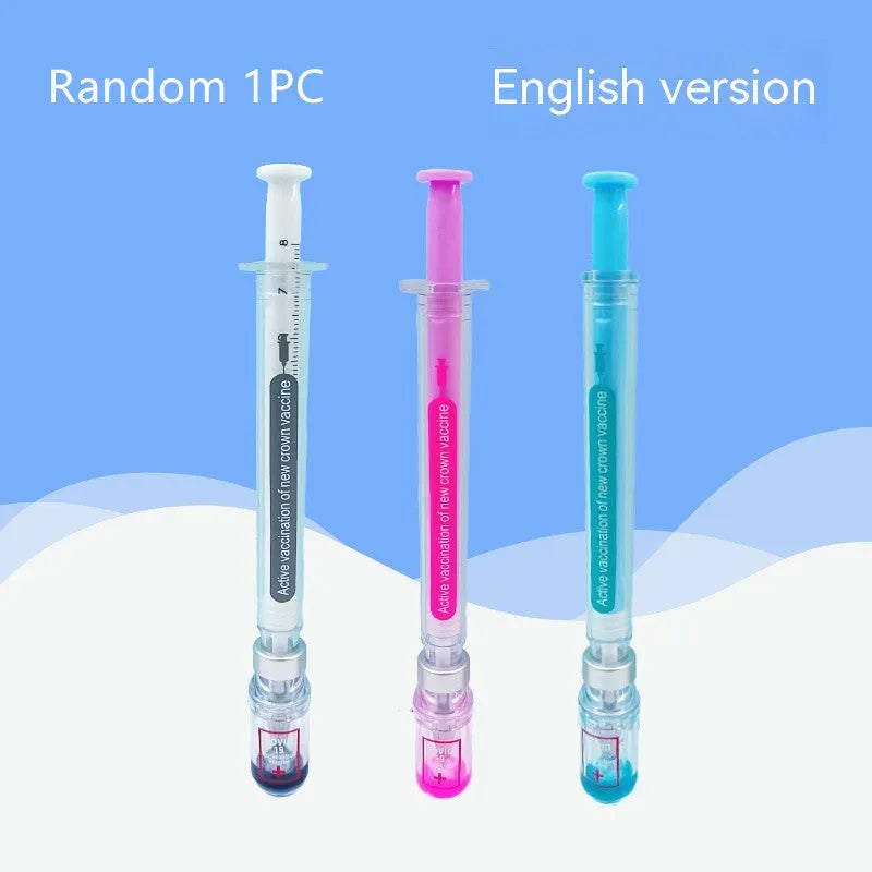 Vaccine design gel pen with black 0.5mm refill and plastic cap, measuring 15.7cm