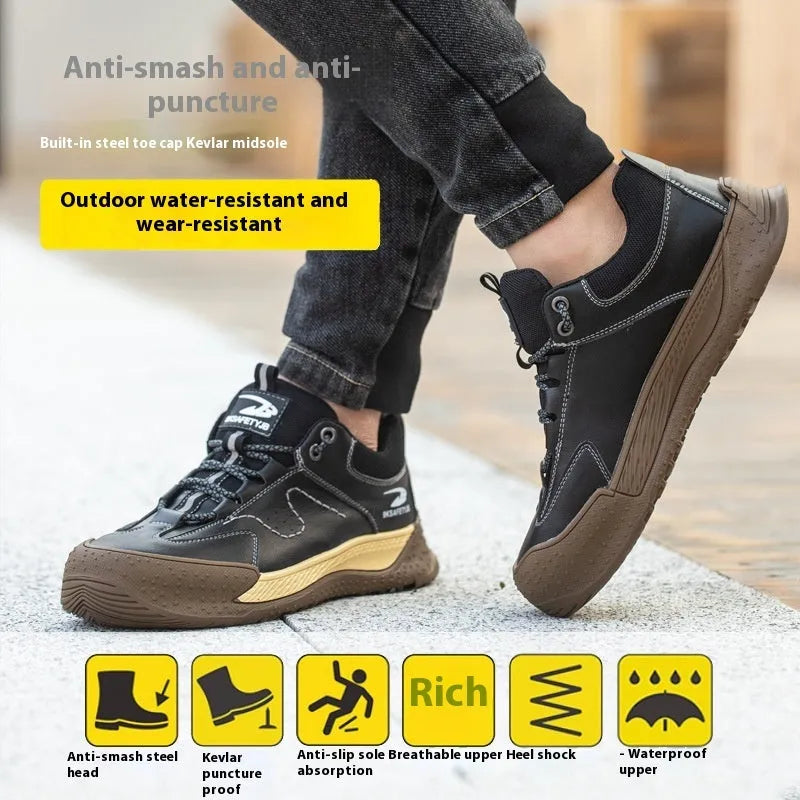 Leather upper work shoes with rubber sole and flyknit detailing, shown in available colours.