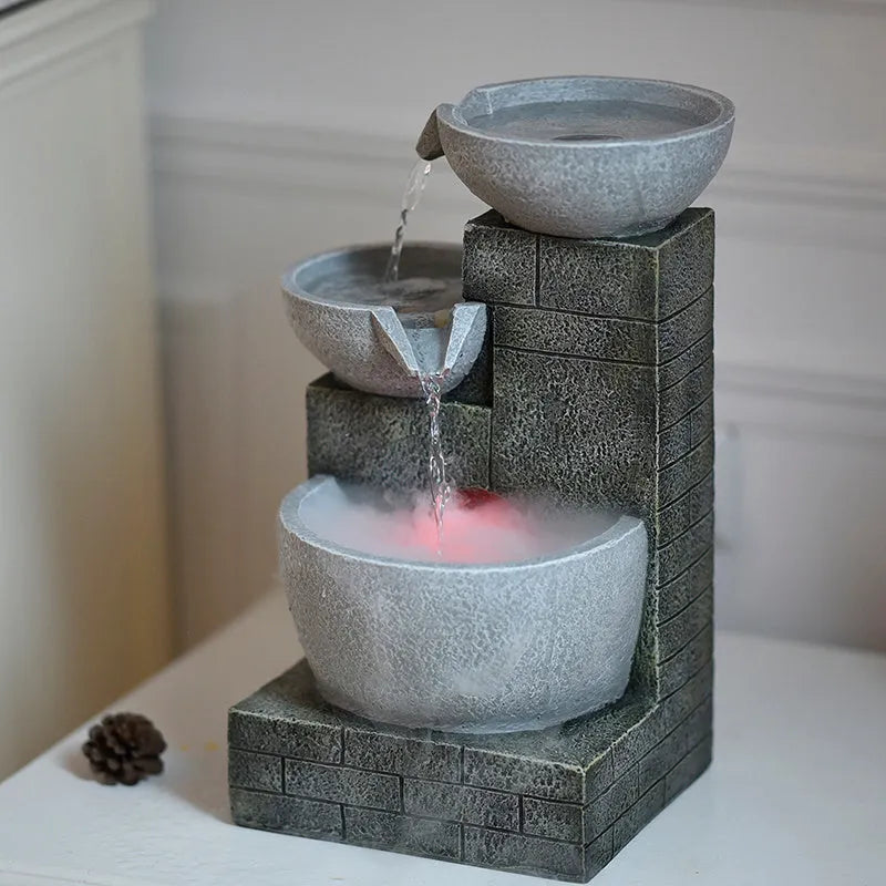 Light grey desktop fountain humidifier with hand-painted resin waterscape and atomizer, 25x21x43cm