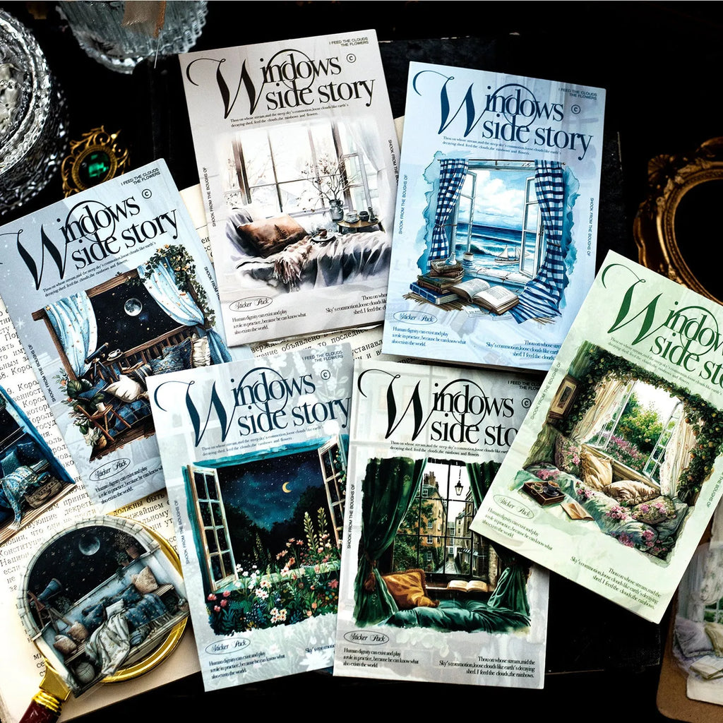 Set of retro-style decorative stickers with printed window scene designs for journals.
