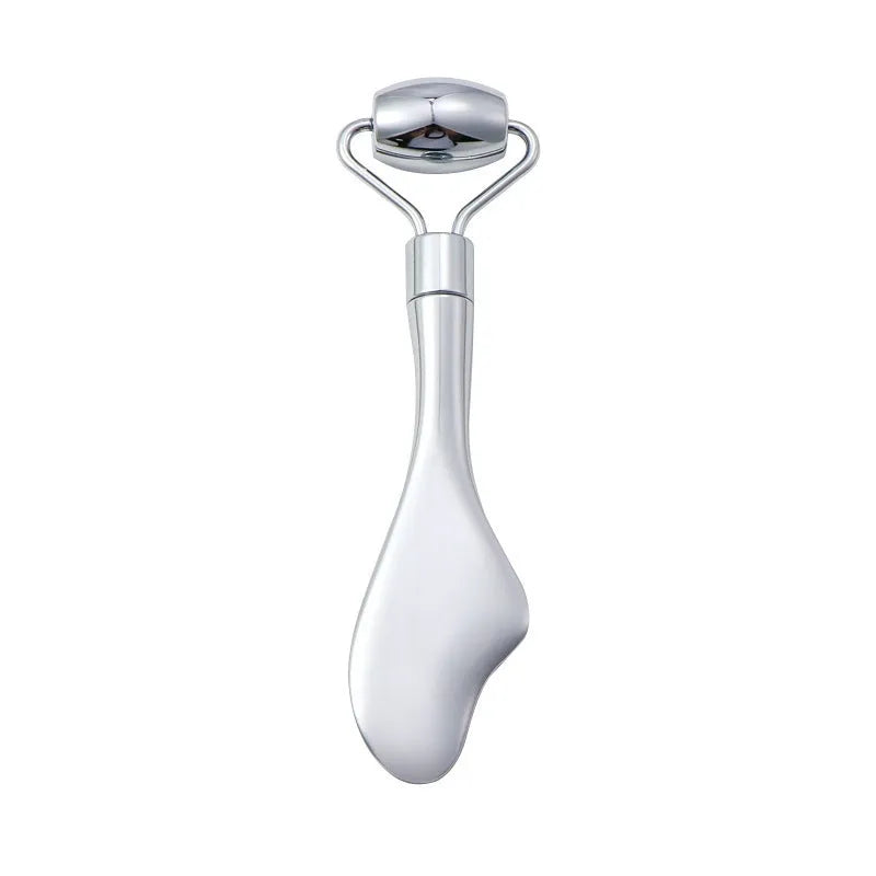 Stainless steel facial massage roller and scraping plate set with heart-shaped eye meridian design
