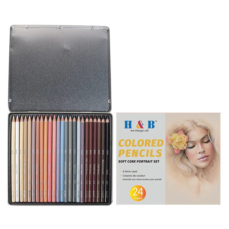 24-colour skin tone pencil set for portrait drawing in iron storage case