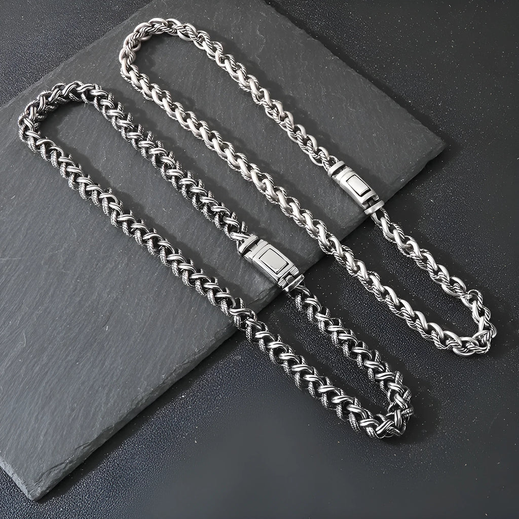 Men's antique silver keel chain necklace with large hemp flowers geometric design