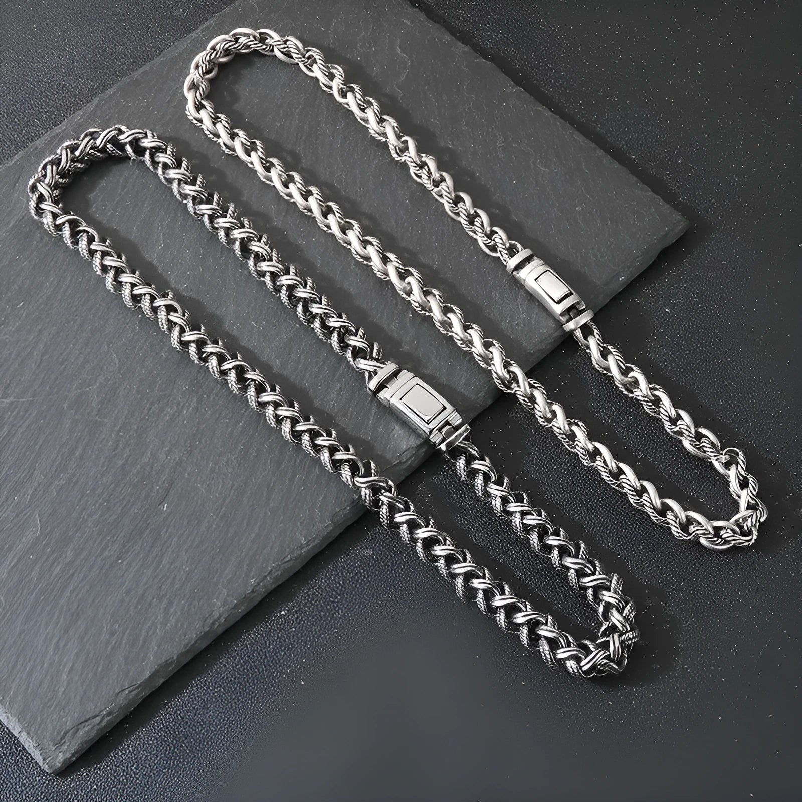Men's antique silver keel chain necklace with large hemp flowers geometric design