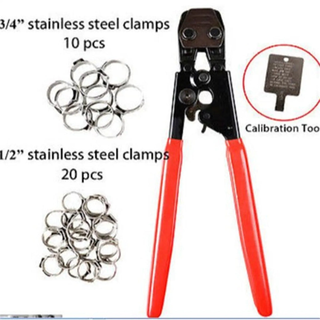 Red cloth PEX clamp set with metal construction and carbon steel cutting edges