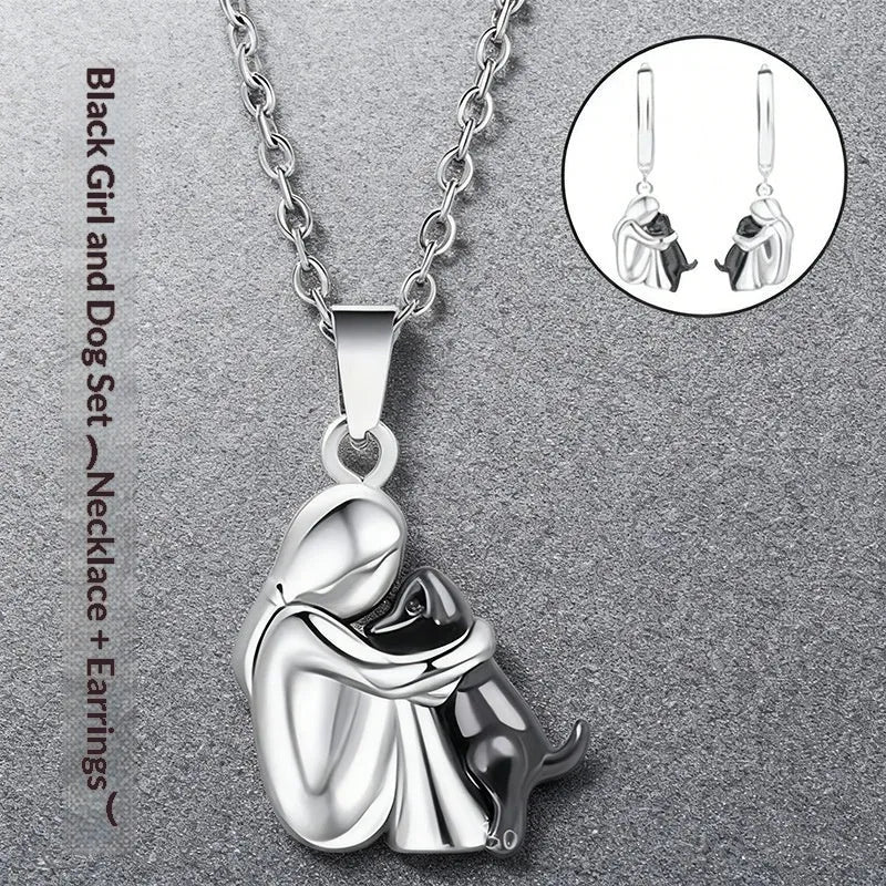 Little girl and dog hugging alloy earring set with O-ring chain necklace in colour option