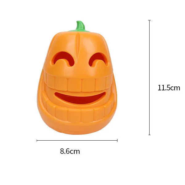 Orange Halloween pumpkin shaped rubber dog toy with a hollow centre for treats.