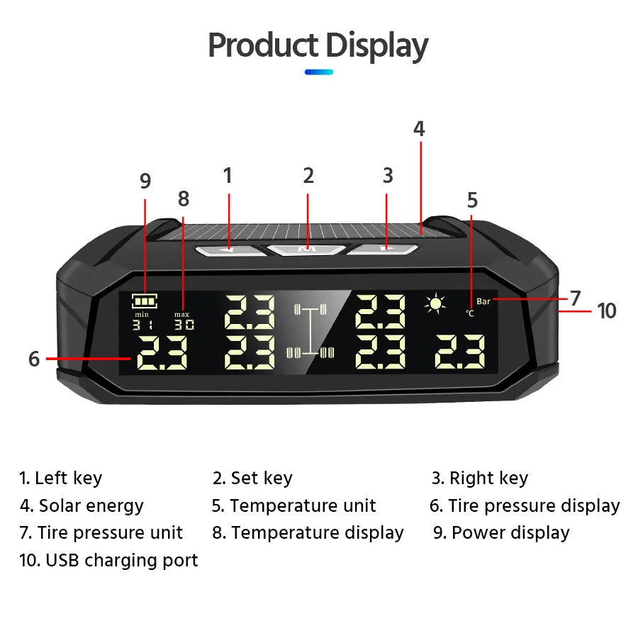 Solar-powered tire pressure monitor display unit with colour screen next to six external sensors