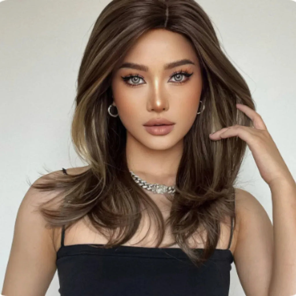 Mid-length platinum gradient colour full-head wig with long curly hair and bangs