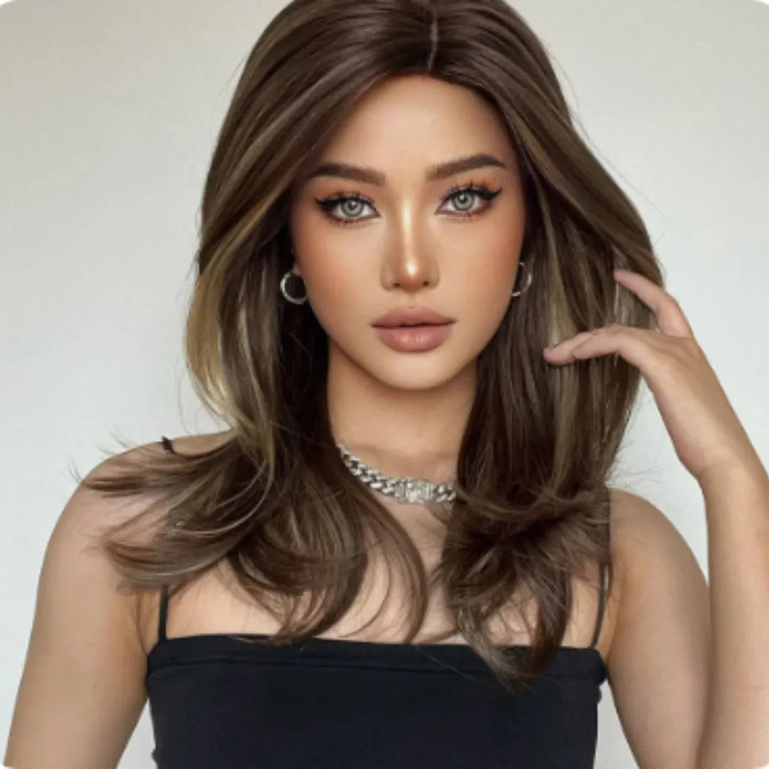 Mid-length platinum gradient colour full-head wig with long curly hair and bangs