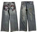 Men's grey washed-out straight-leg jeans with wide leg silhouette in retro workwear style