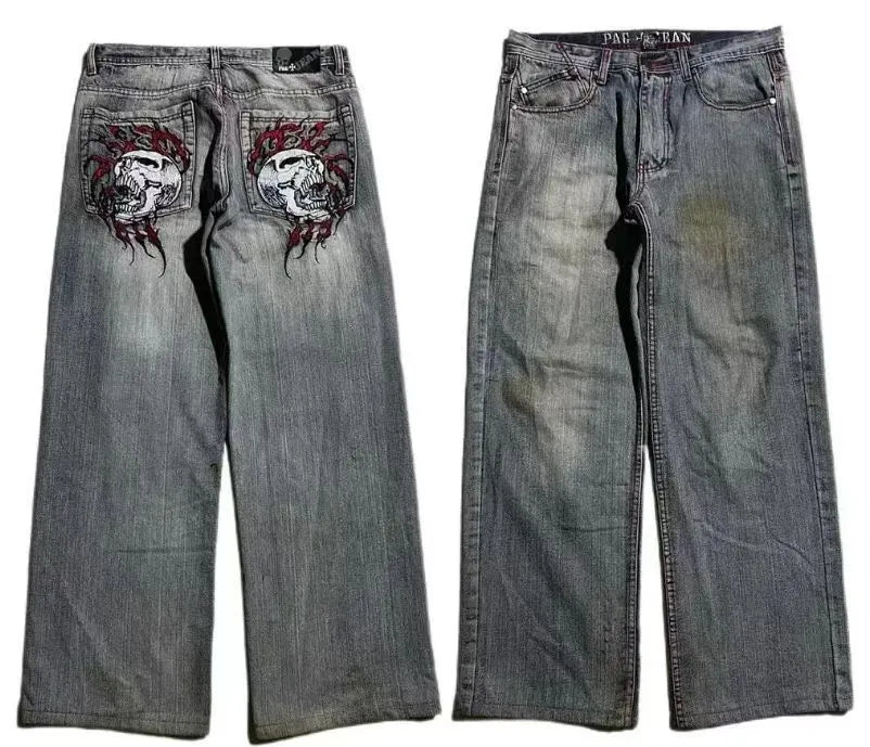 Men's grey washed-out straight-leg jeans with wide leg silhouette in retro workwear style