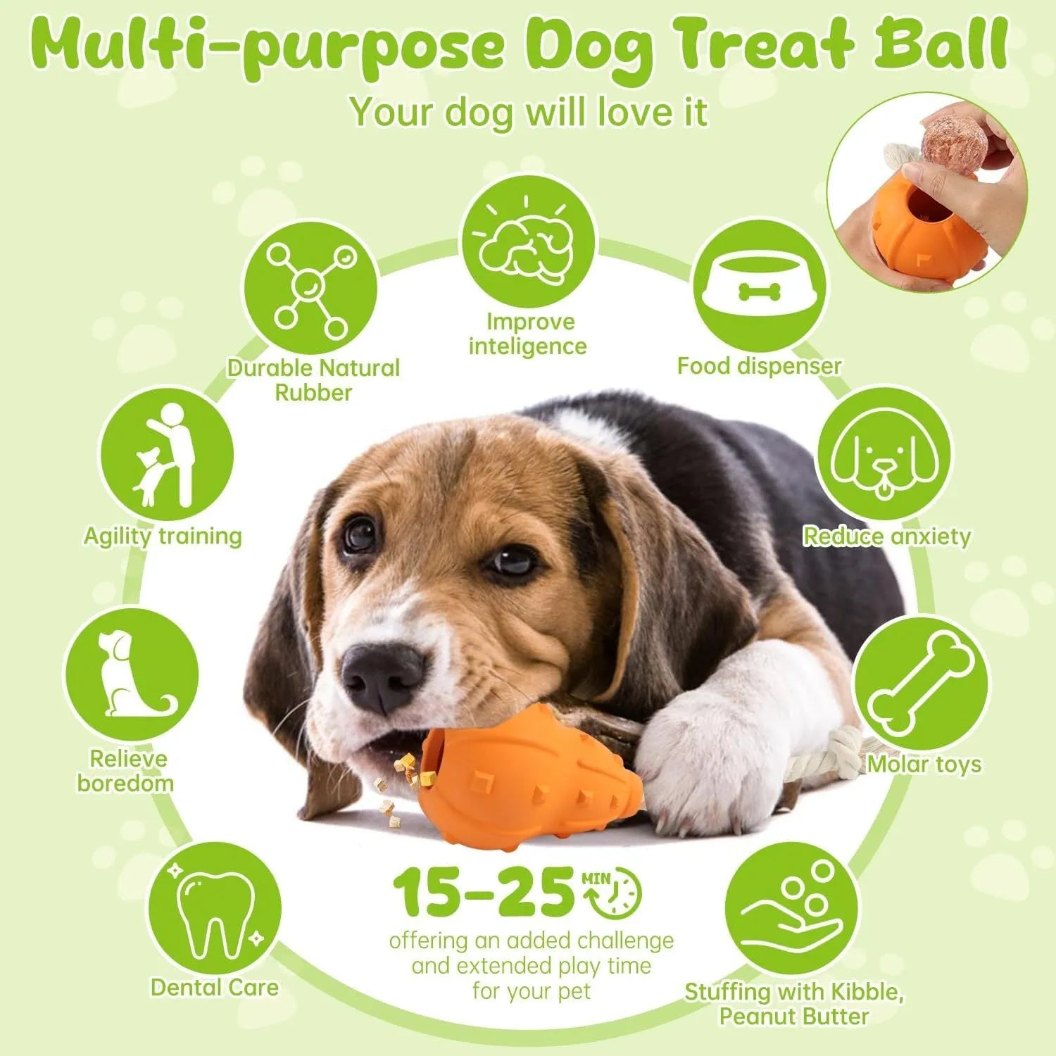 Natural rubber stuffable dog toy with a long strap for small to medium breed dogs.