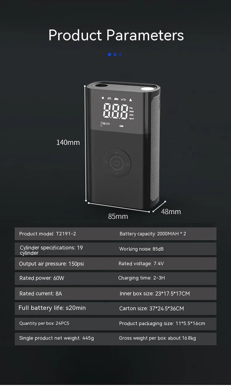 Wireless digital handheld air pump with LCD display and multiple attachments for car and bicycle tyres
