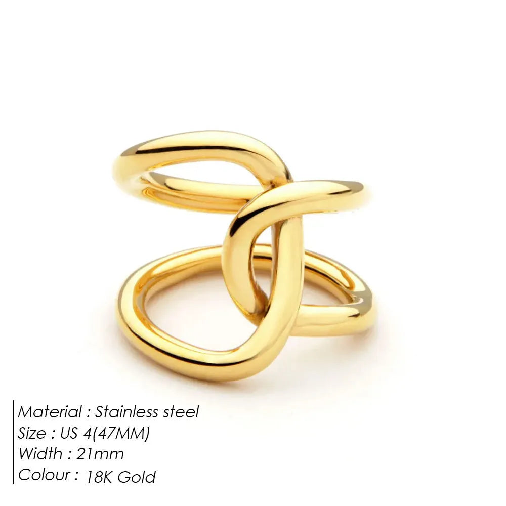 Women's stainless steel knotted geometric adjustable opening ring in gold or silver tone on a hand.
