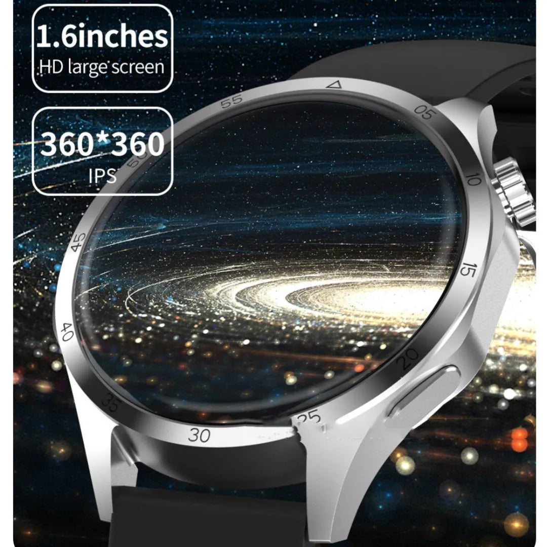 Black Bluetooth smartwatch with TFT touch screen shown with silicone and Milan net strap options.
