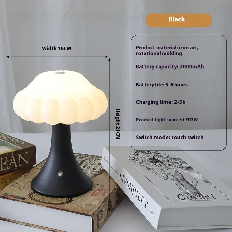Mushroom-shaped USB rechargeable touch lamp in wood grain finish on table
